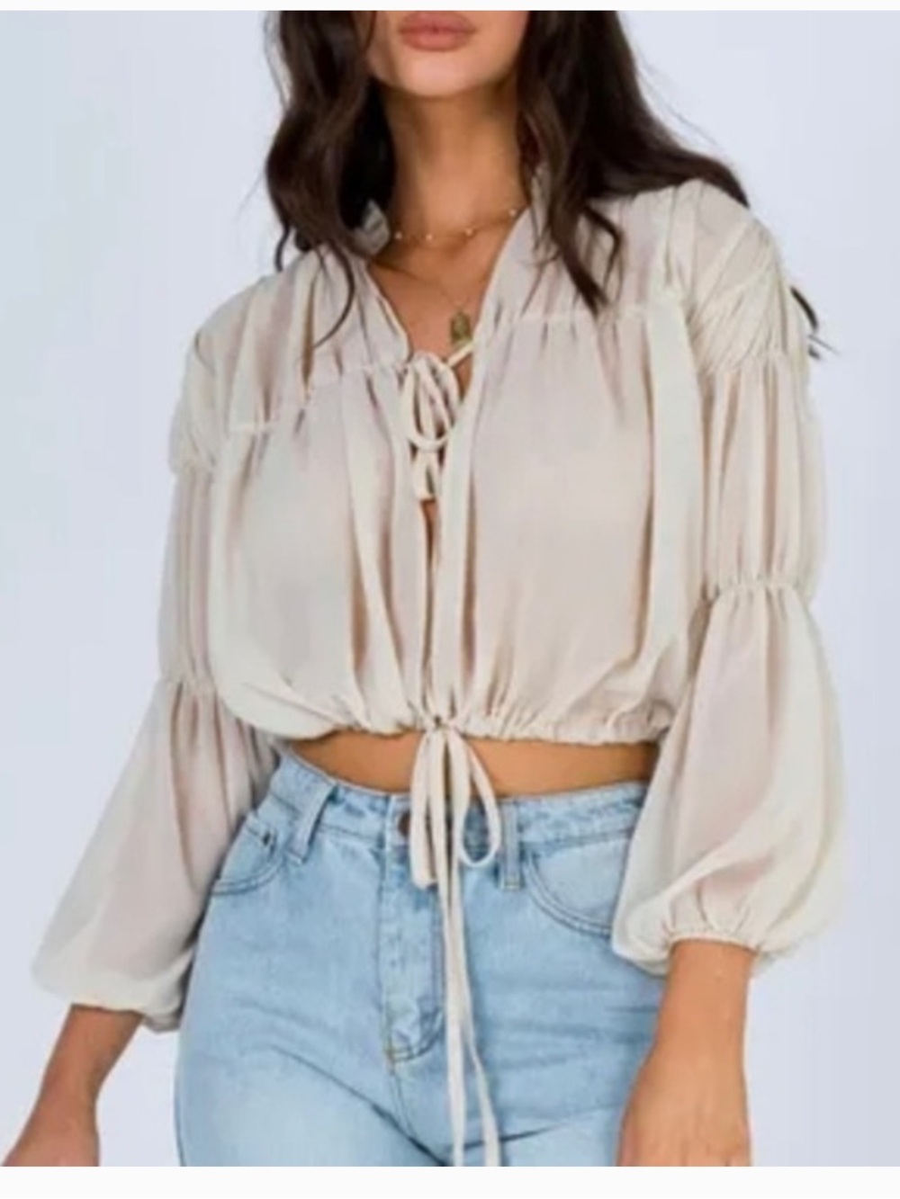 Lioness Au Revoir Sheer beige tie front  Blouse XXS NWT